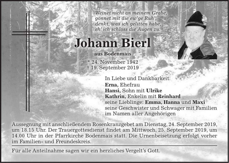 Traueranzeige Johann Bierl