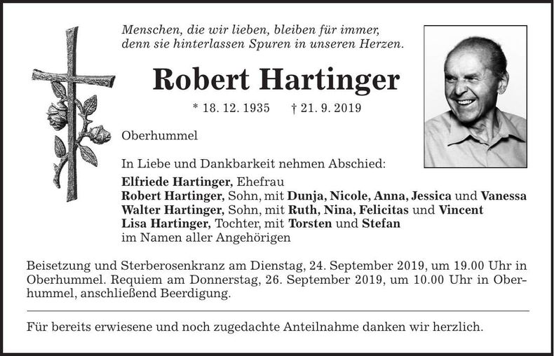 Traueranzeige Robert Hartinger