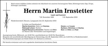 Traueranzeige Martin Irnstetter