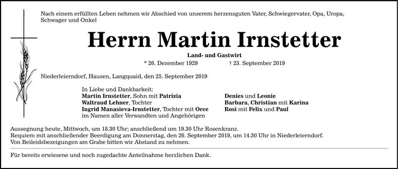 Traueranzeige Martin Irnstetter
