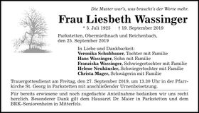 Traueranzeige Liesbeth Wassinger