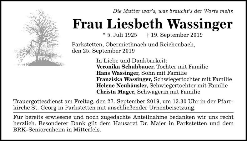 Traueranzeige Liesbeth Wassinger