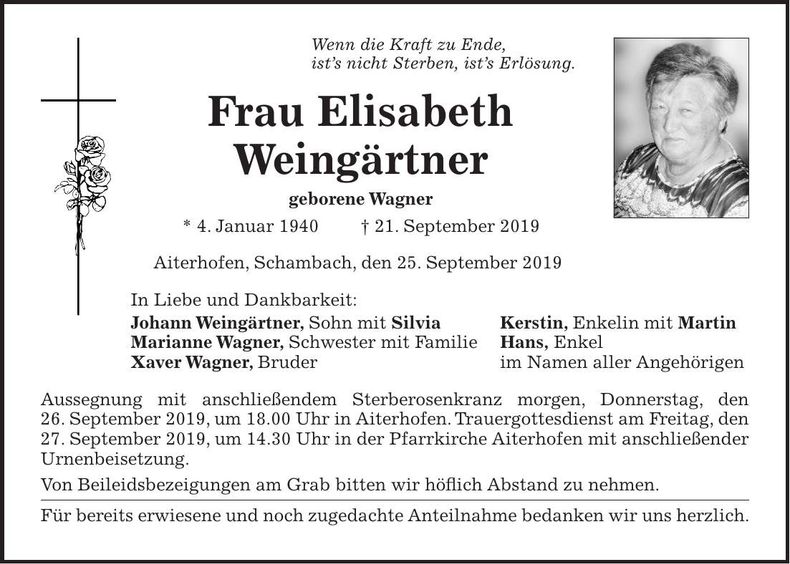 Traueranzeige Elisabeth Weingärtner