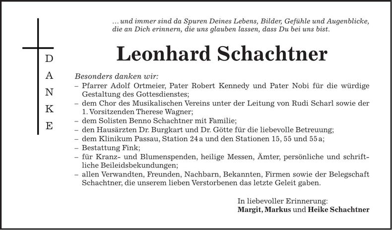 Traueranzeige Leonhard Schachtner
