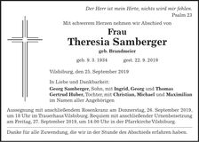 Traueranzeige Theresia Samberger