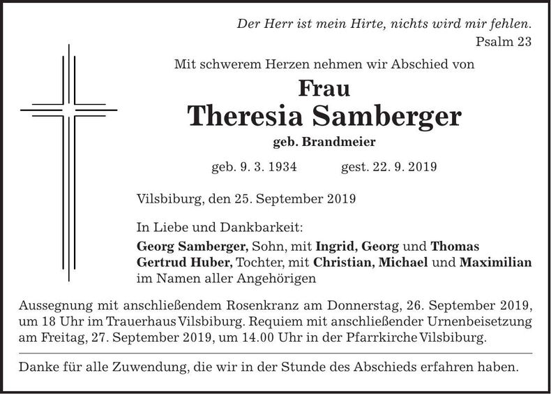 Traueranzeige Theresia Samberger