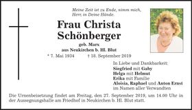 Traueranzeige Christa Schönberger
