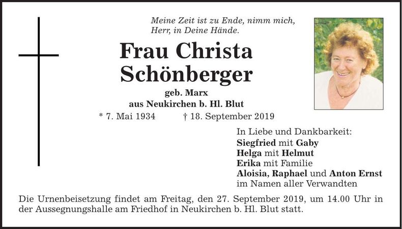 Traueranzeige Christa Schönberger