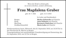 Traueranzeige Magdalena Gruber