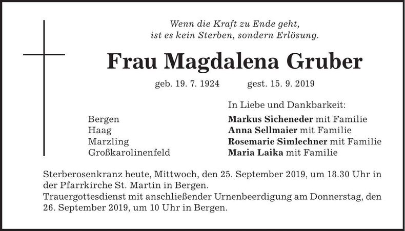 Traueranzeige Magdalena Gruber