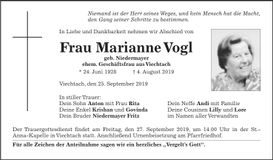 Traueranzeige Marianne Vogl