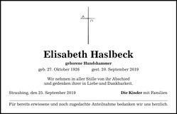 Traueranzeige Elisabeth Haslbeck