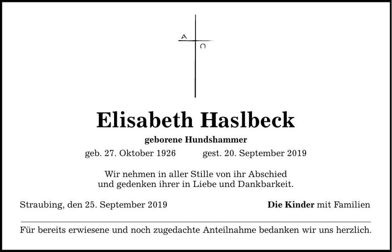 Traueranzeige Elisabeth Haslbeck