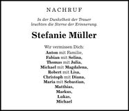 Traueranzeige Stefanie Müller
