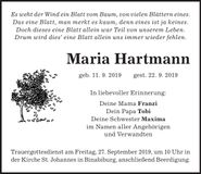Traueranzeige Maria Hartmann