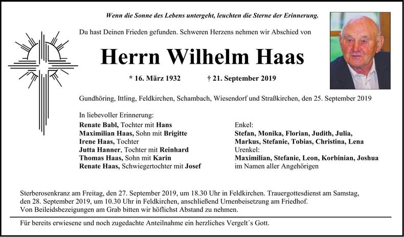 Traueranzeige Wilhelm Haas