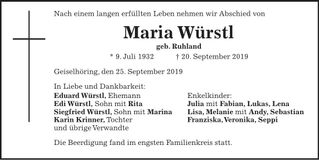 Traueranzeige Maria Würstl