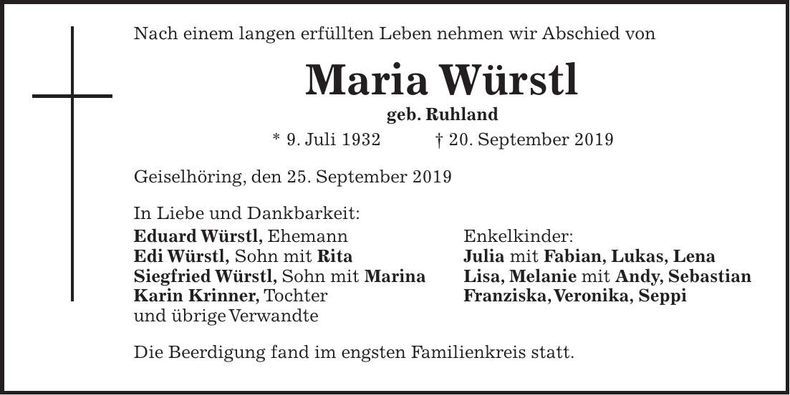 Traueranzeige Maria Würstl