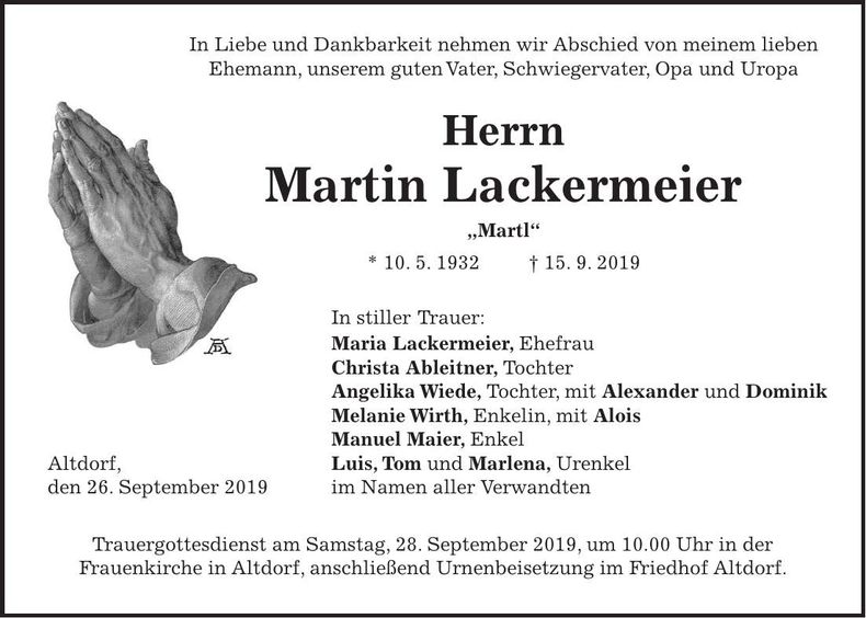 Traueranzeige Martin Lackermeier