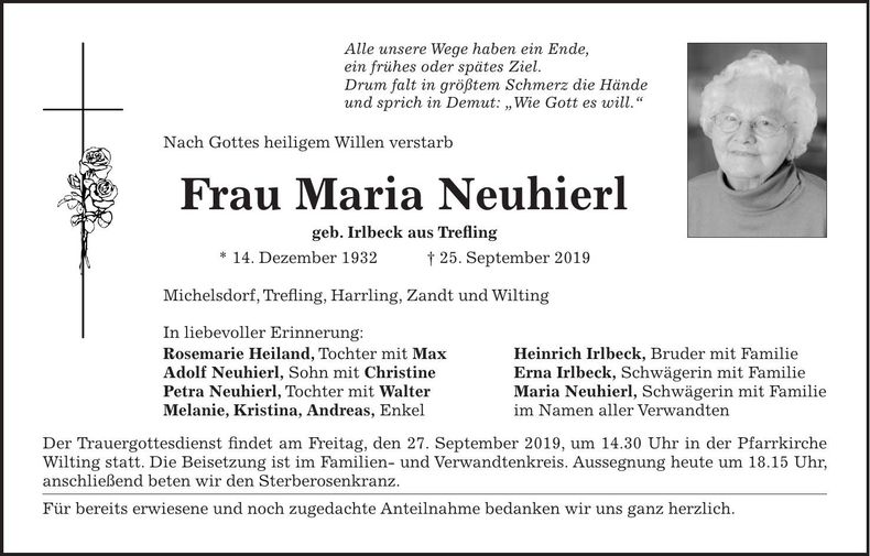 Traueranzeige Maria Neuhierl
