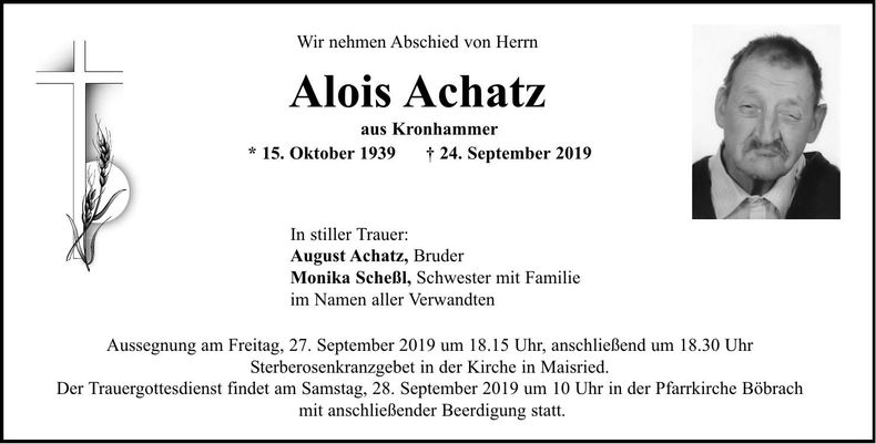 Traueranzeige Alois Achatz