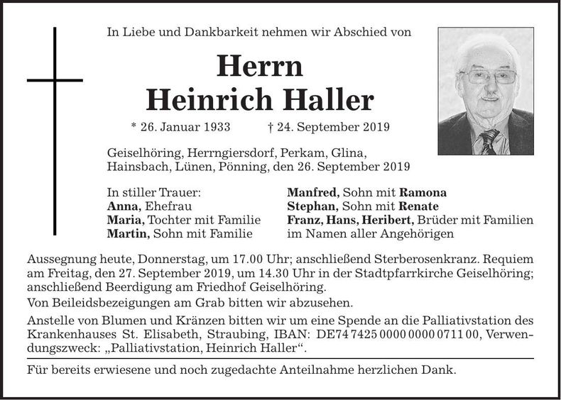 Traueranzeige Heinrich Haller