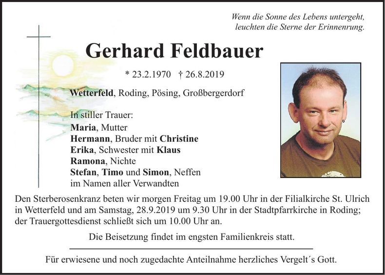 Traueranzeige Gerhard Feldbauer