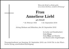 Traueranzeige Anneliese Liebl