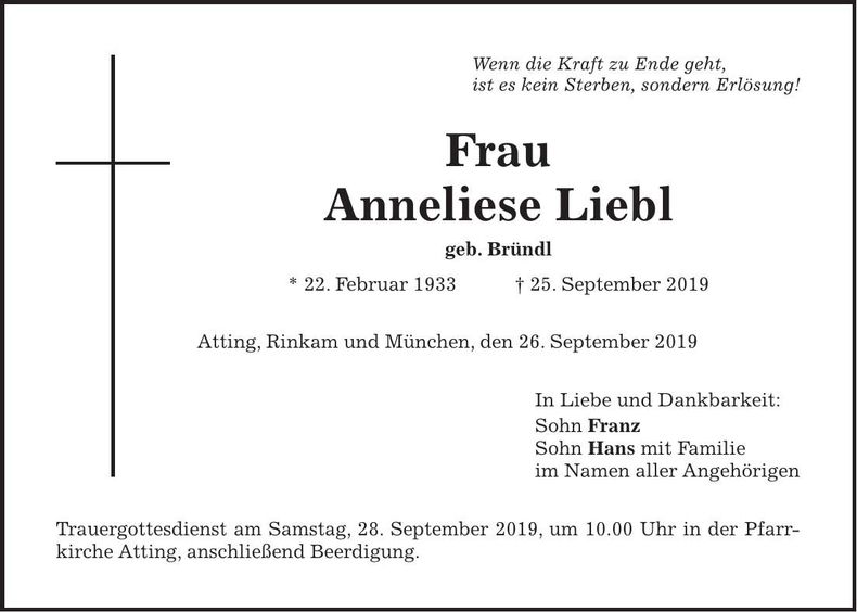 Traueranzeige Anneliese Liebl