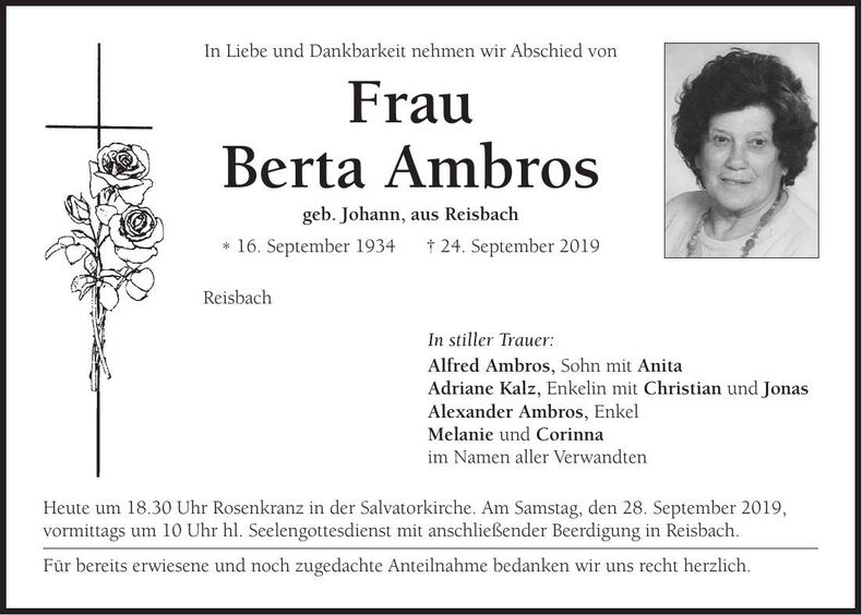 Traueranzeige Berta Ambros