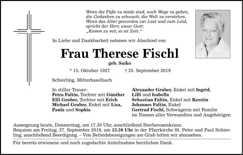Traueranzeige Therese Fischl