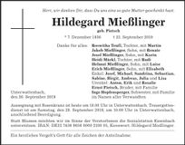 Traueranzeige Hildegard Mießlinger