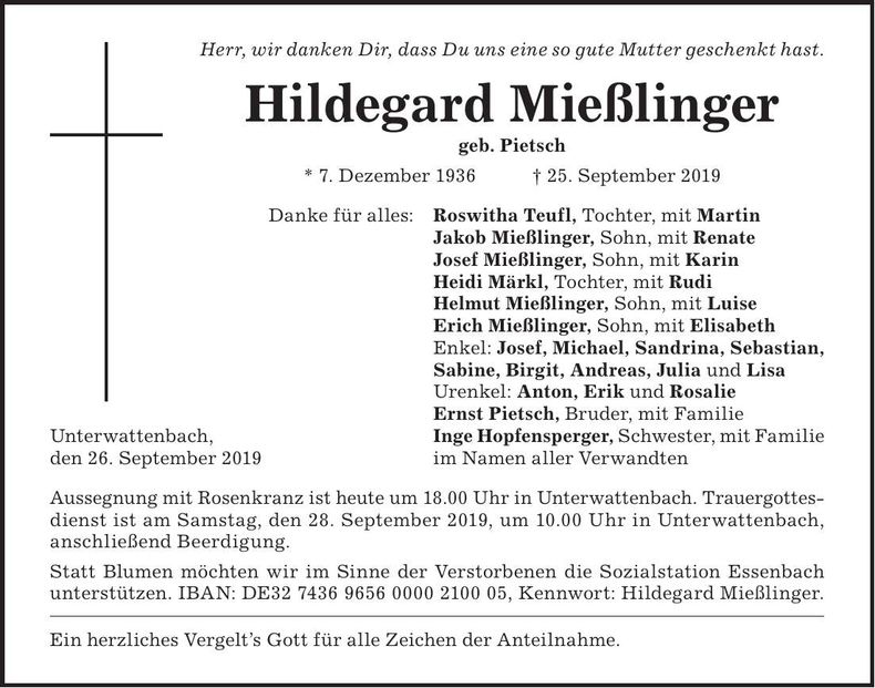 Traueranzeige Hildegard Mießlinger