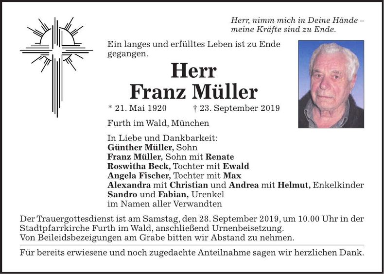 Traueranzeige Franz Müller
