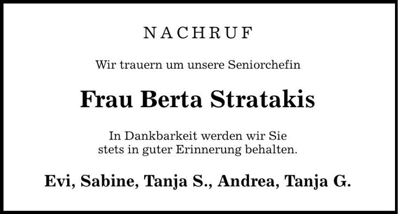 Traueranzeige Berta Stratakis