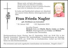 Traueranzeige Frieda Nagler