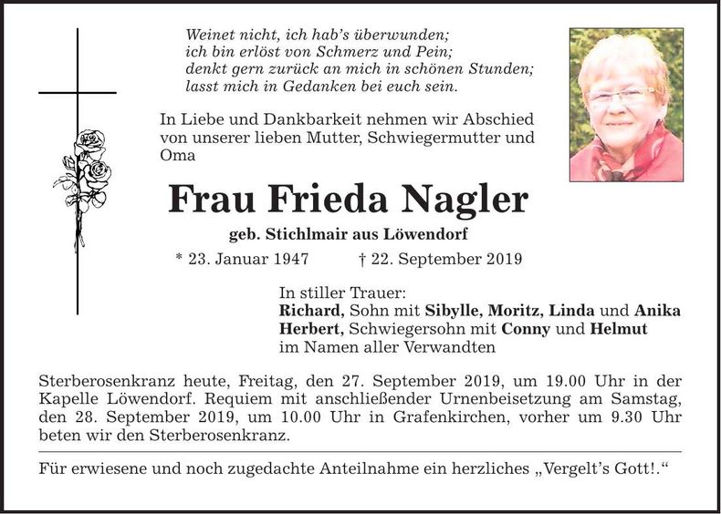 Traueranzeige Frieda Nagler