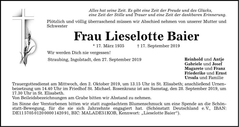Traueranzeige Lieselotte Baier