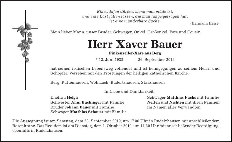 Traueranzeige Xaver Bauer