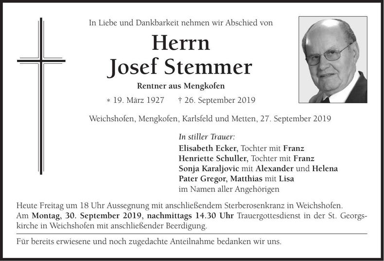 Traueranzeige Josef Stemmer