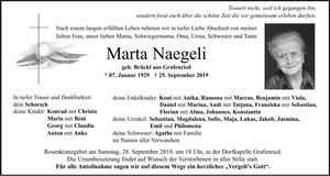 Traueranzeige Marta Naegeli