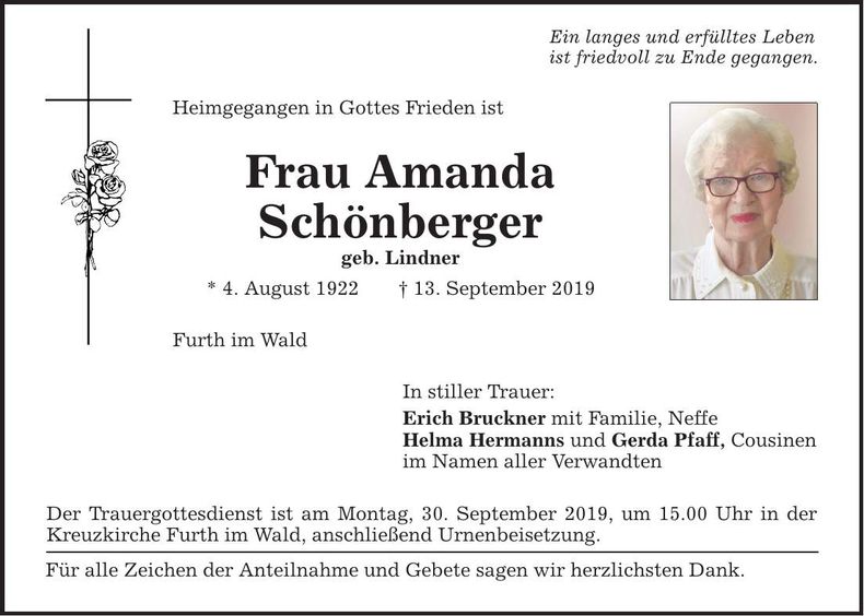 Traueranzeige Amanda Schönberger