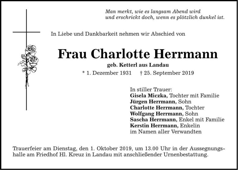 Traueranzeige Charlotte Herrmann