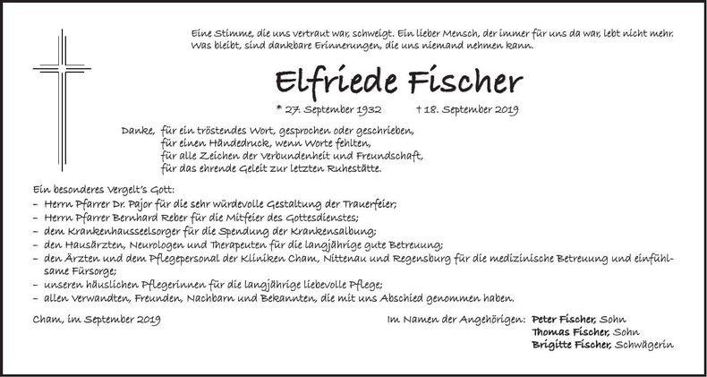 Traueranzeige Elfriede Fischer