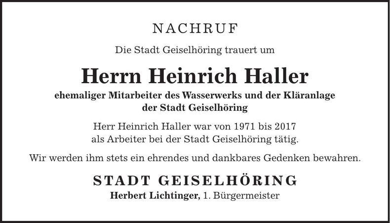 Traueranzeige Herbert Haller