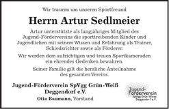 Traueranzeige Artur Sedlmeier