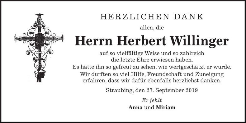 Traueranzeige Herbert Willinger