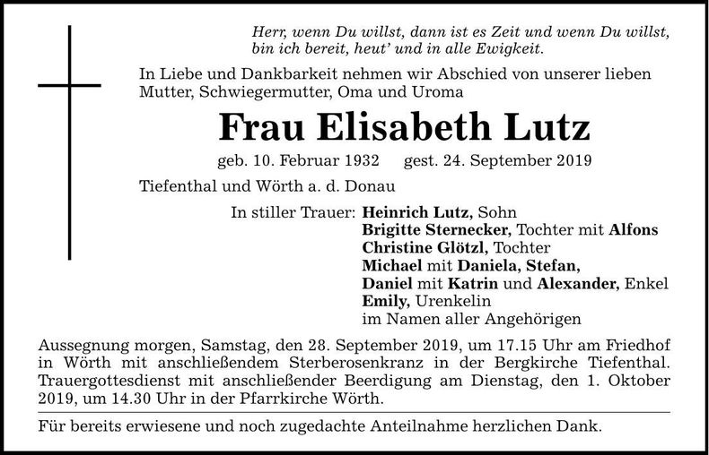 Traueranzeige Elisabeth Lutz
