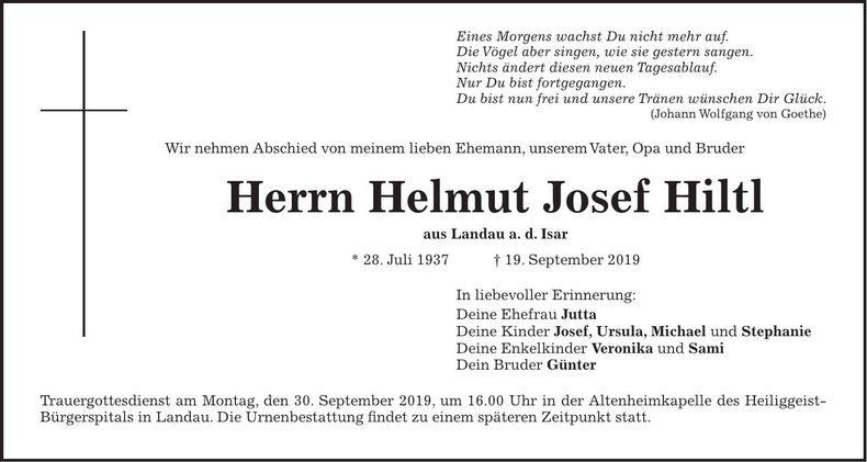 Traueranzeige Helmut Josef Hiltl