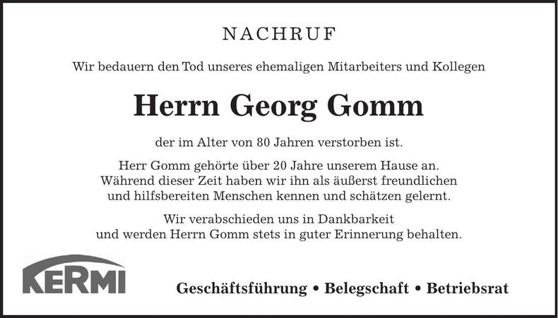 Traueranzeige Georg Gomm
